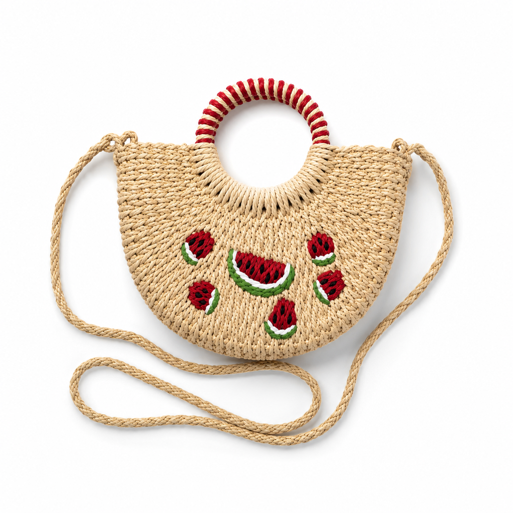 Sac Croisé en Paille – Motif Pastèque 🍉