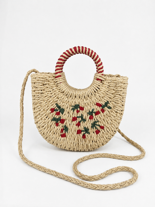 Sac Croisé en Paille – Motif Cerises 🍒