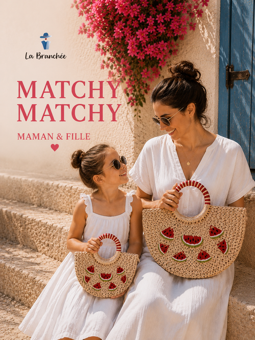 Ensemble sacs Maman & Fille en raphia tressé – Motifs fruités
