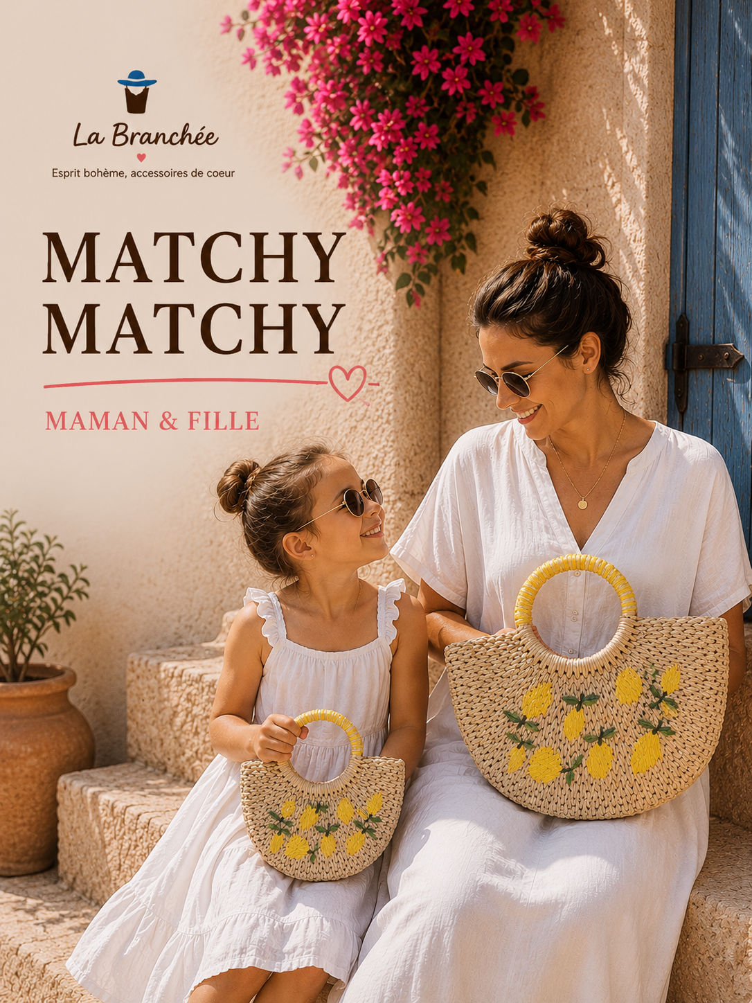 Ensemble sacs Maman & Fille en raphia tressé – Motifs fruités