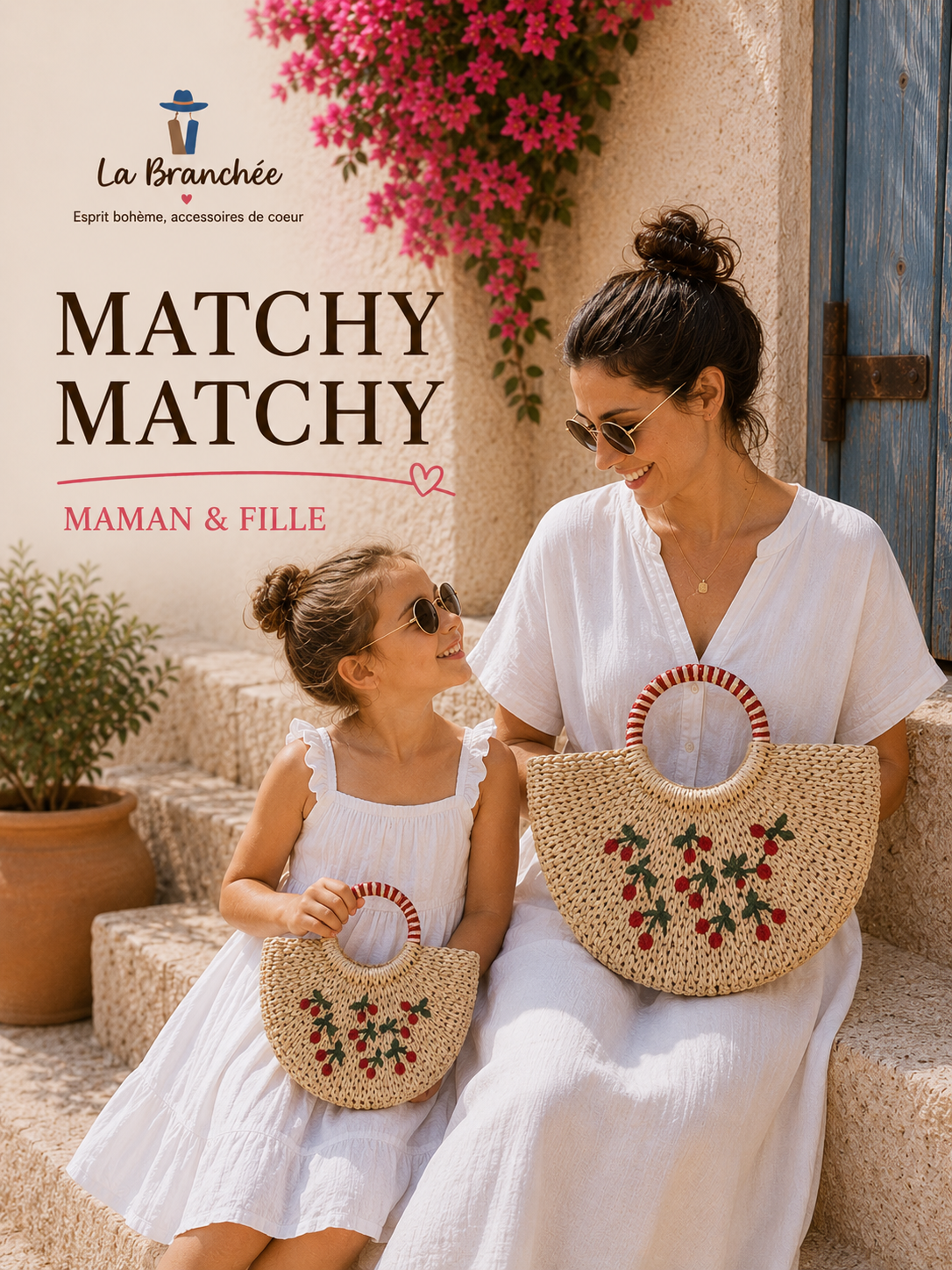 Ensemble sacs Maman & Fille en raphia tressé – Motifs fruités