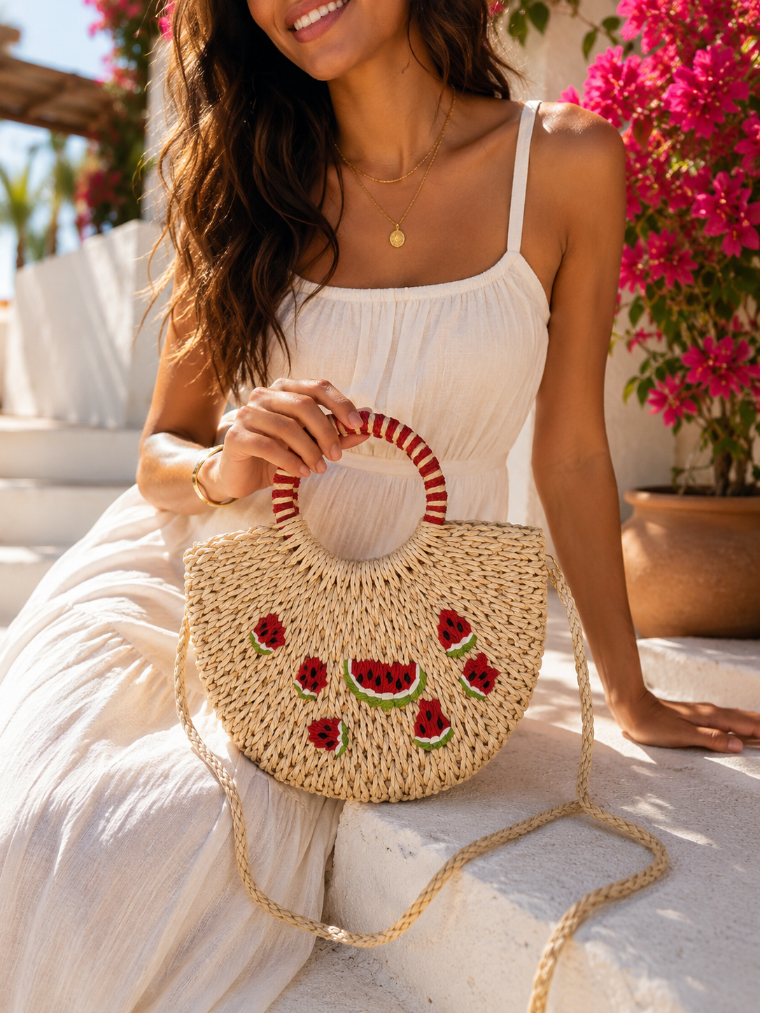 Sac Croisé en Paille Tressée – Broderie Fruitée