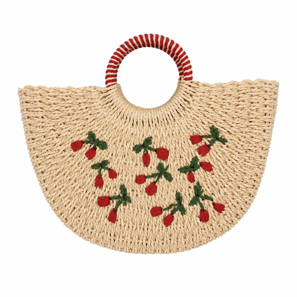 Sac à Main Valencia en Paille – Motif Cerises 🍒