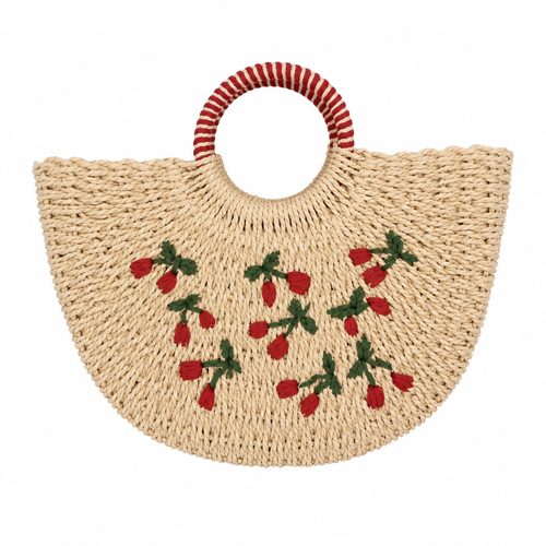 Sac à Main Valencia en Paille – Motif Cerises 🍒