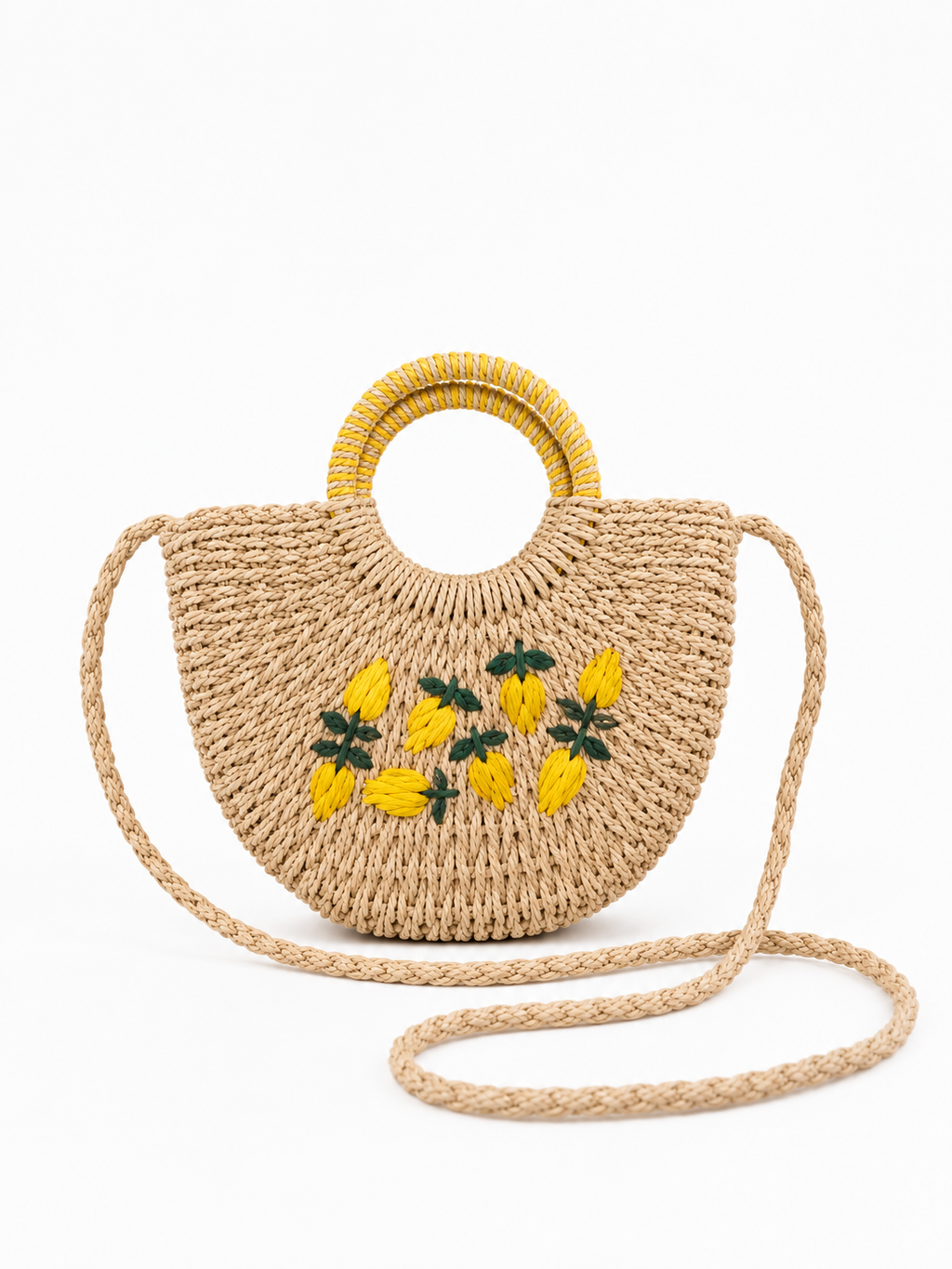 Sac Croisé Valencia en Paille – Motif Citrons 🍋