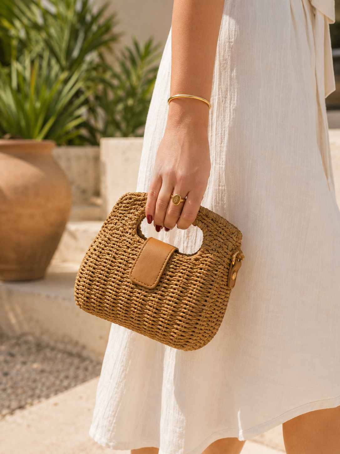 Sac raphia à main & épaule – Détails camel