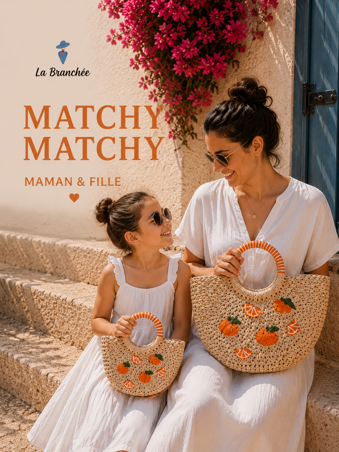 Ensemble sacs Maman & Fille en raphia tressé – Motifs fruités